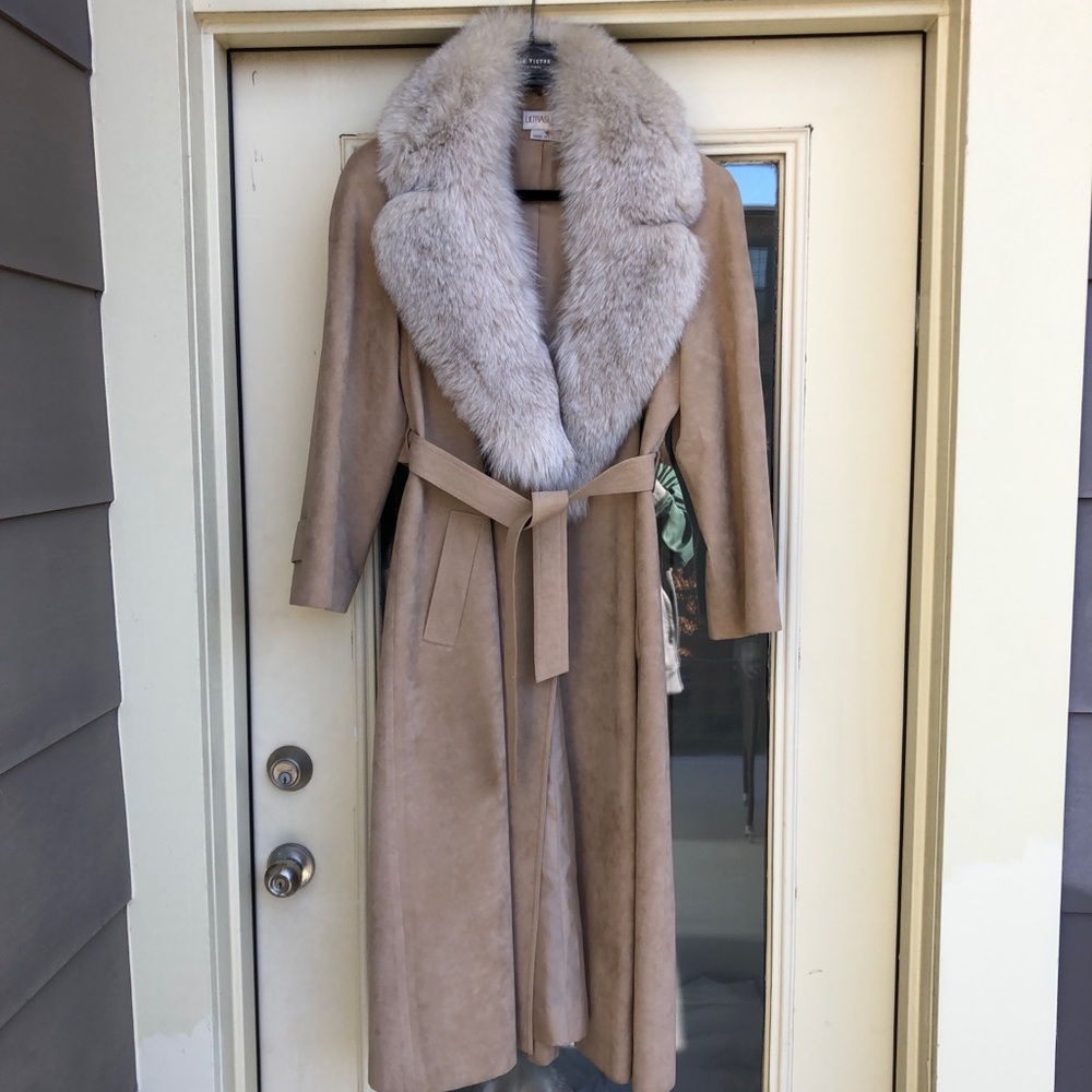 Fox fur and suede long coat
